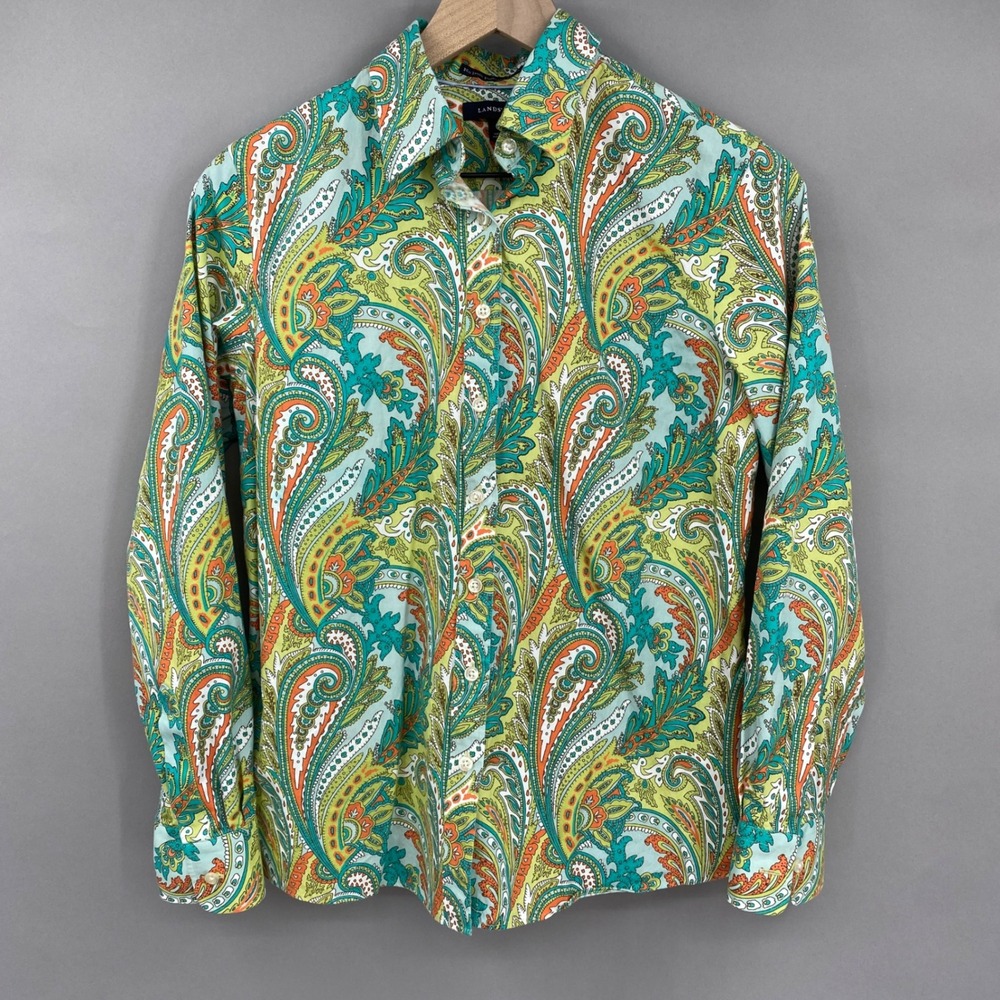Lands' End Paisley No Iron Pinpoint Oxford Shirt Women Size 10 Green Button Up‎